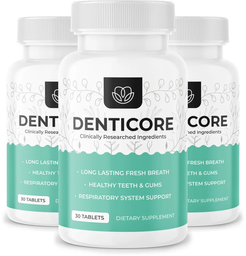 Three bottles of DentiCore oral health dietary supplement, 30 tablets each